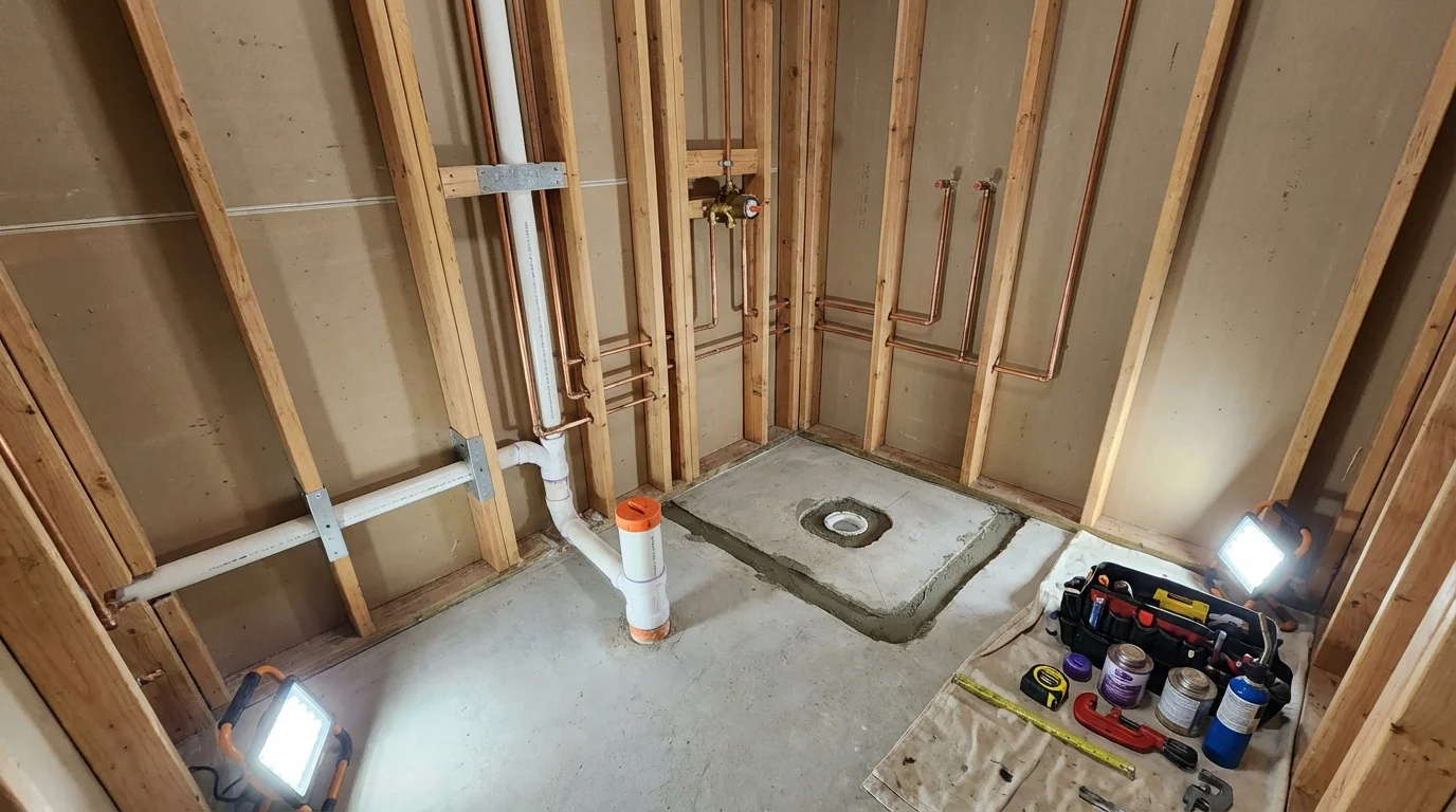 Bathroom rough-in plumbing during remodel by Johns Plumbing LLC in McAdoo