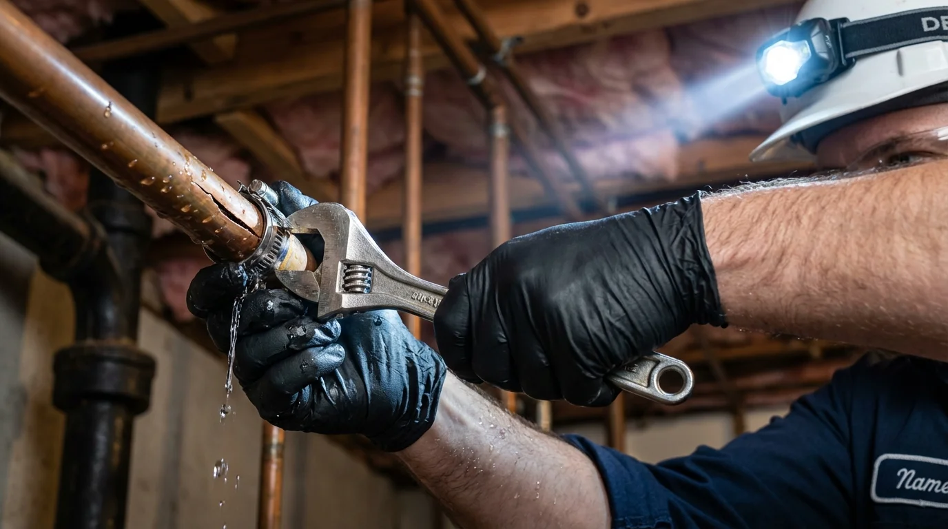 Emergency pipe clamp repair being performed by a Johns Plumbing LLC plumber in McAdoo